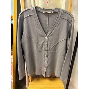 Soft Surrondings Womens Gray 3/4 Sleeve V-Neck Thermal Button Front Shirt Size L